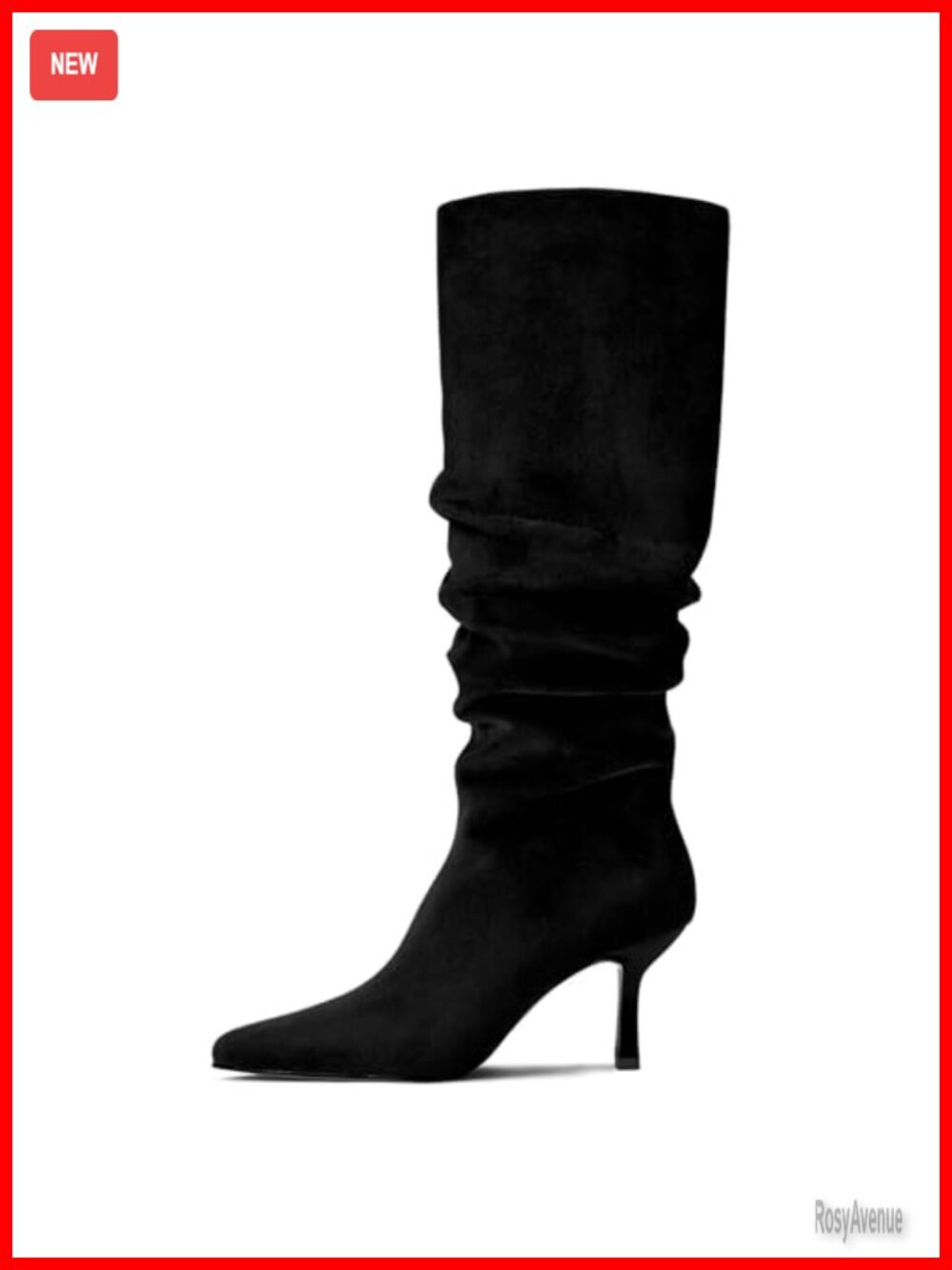 Faux Suede Knee High Boots Pointed Toe Kitten Heel Pull On Zipper